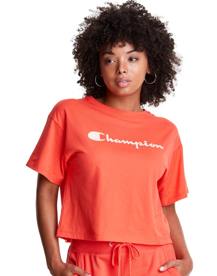 Champion Cropped Script Logo Kadın Tişört Turuncu ( DKJVEI761 )